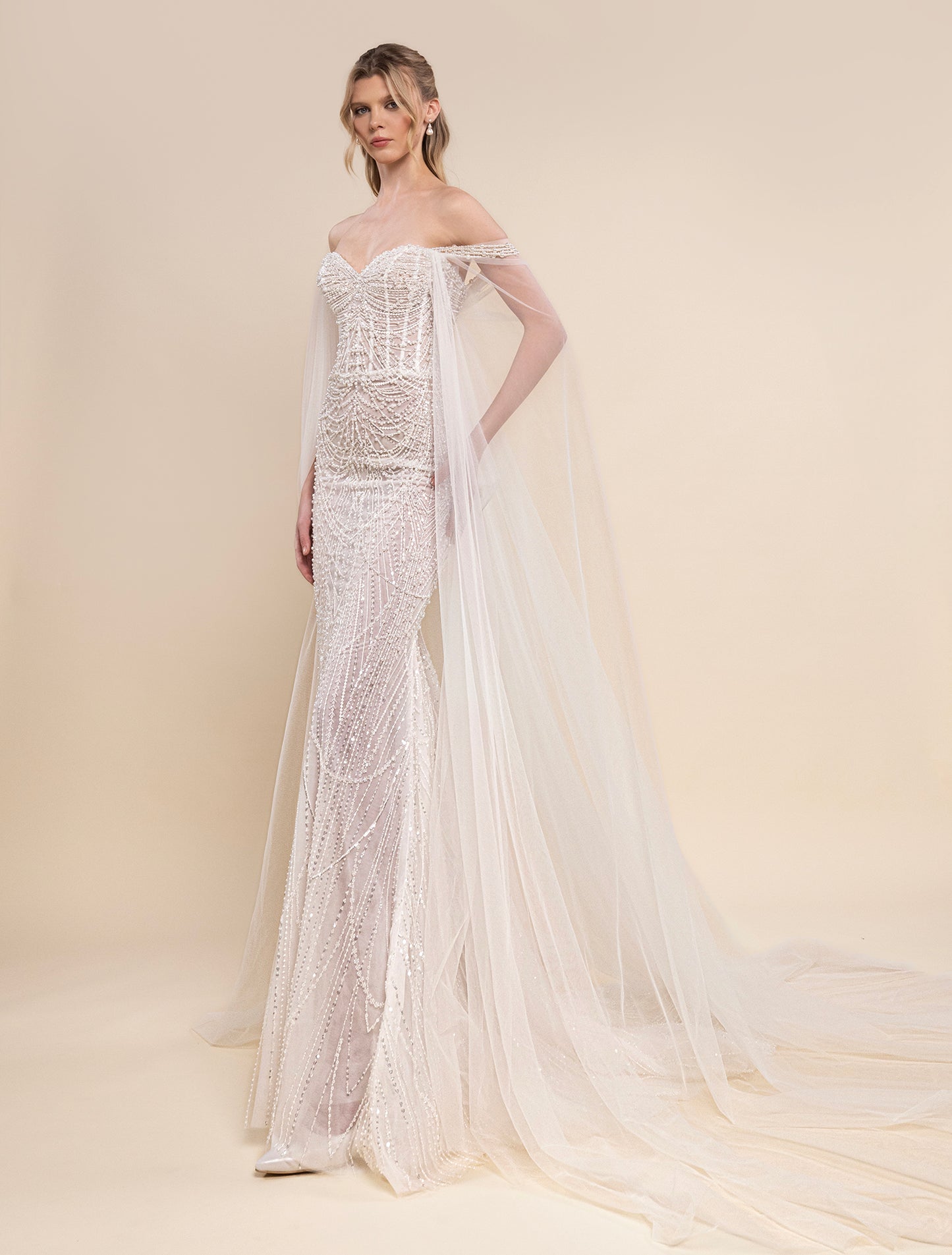 Off-Shoulder Mermaid Bridal Gown with Beaded Geometric Embellishments