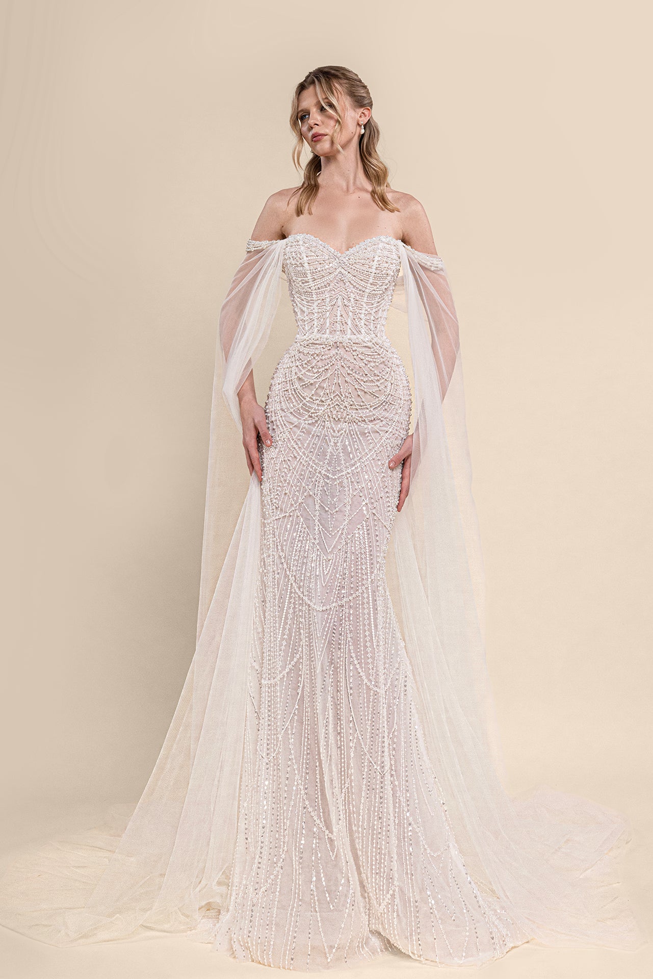 Off-Shoulder Mermaid Bridal Gown with Beaded Geometric Embellishments