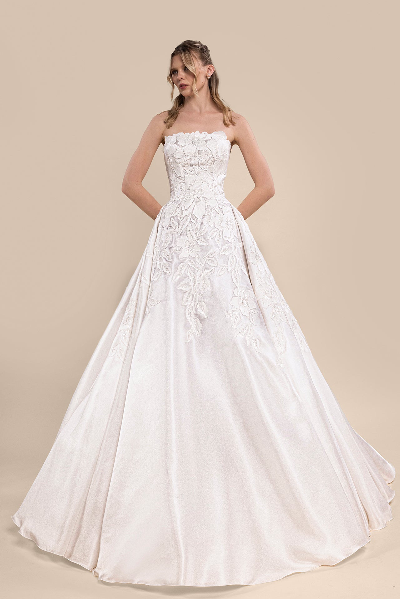 Strapless Bridal Gown with Floral Appliques and Cathedral Train