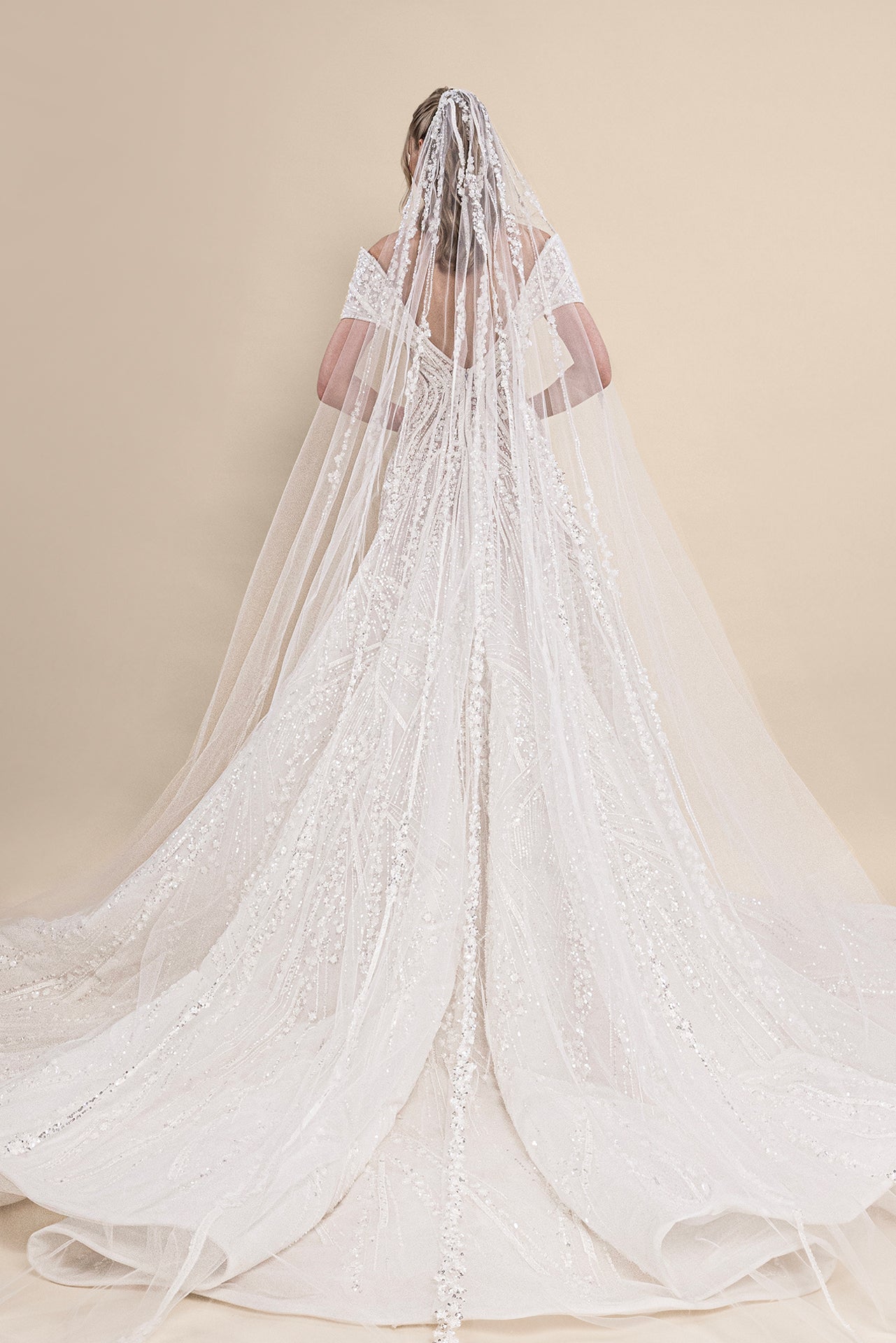 V-Neck Off-Shoulder Bridal Gown with Geometric Beading and Chapel Train