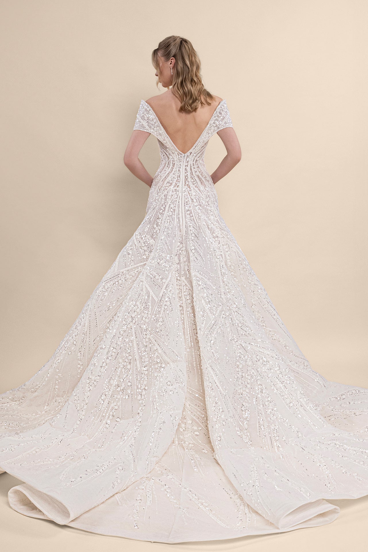 V-Neck Off-Shoulder Bridal Gown with Geometric Beading and Chapel Train