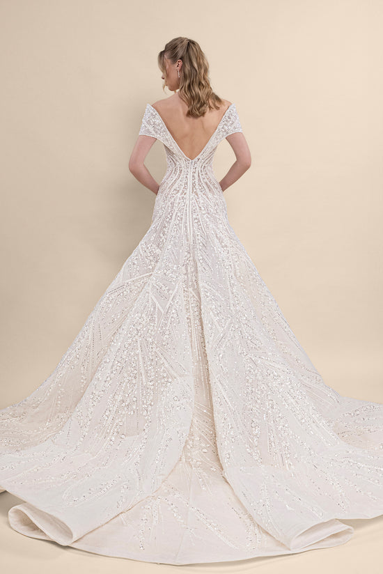 V-Neck Off-Shoulder Bridal Gown with Geometric Beading and Chapel Train