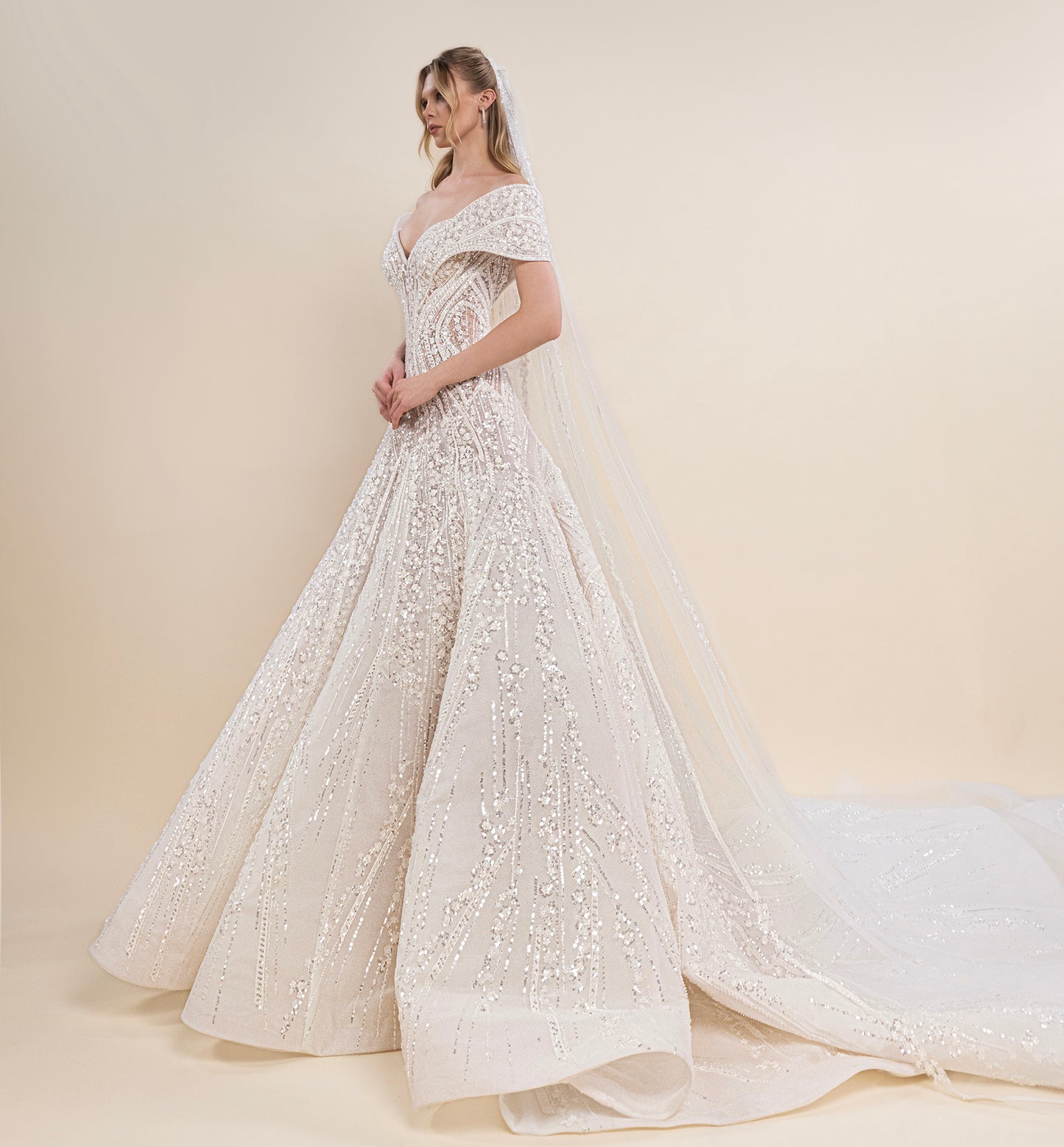 V-Neck Off-Shoulder Bridal Gown with Geometric Beading and Chapel Train