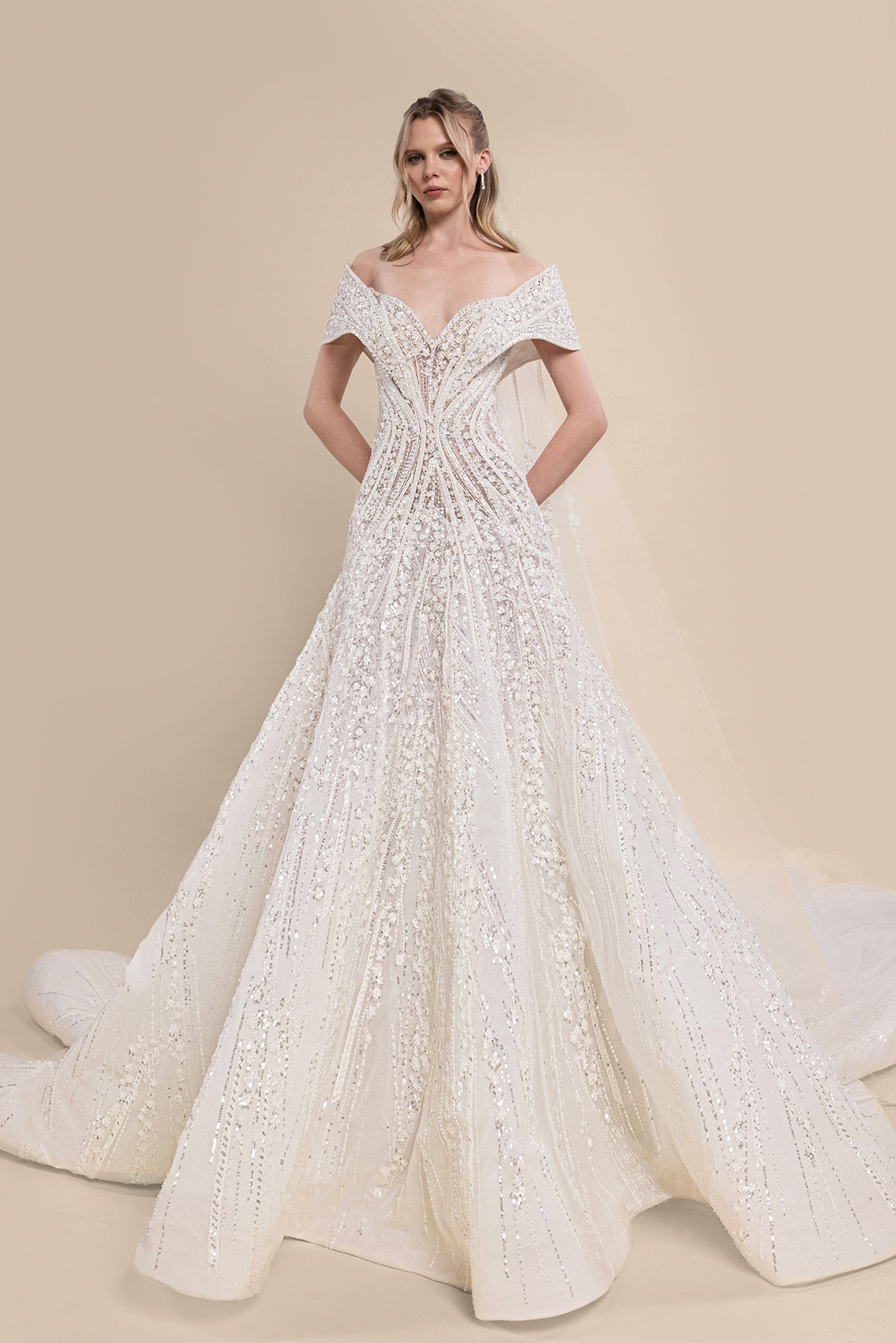 V-Neck Off-Shoulder Bridal Gown with Geometric Beading and Chapel Train