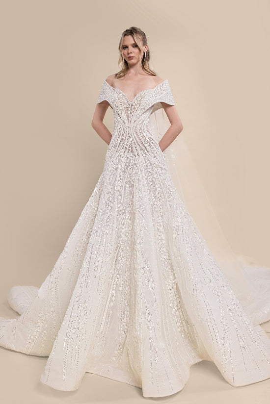 V-Neck Off-Shoulder Bridal Gown with Geometric Beading and Chapel Train