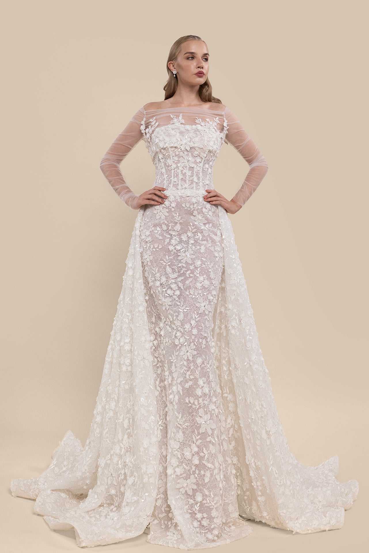 Mermaid Bridal Gown with Detachable Overskirt and Cathedral Train