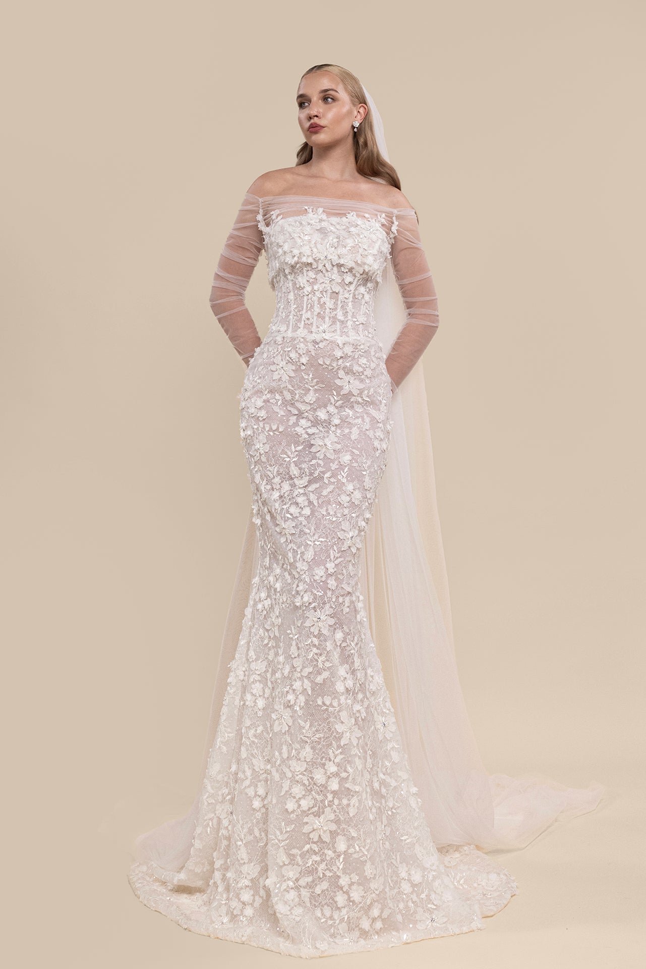 Fitted Mermaid Bridal Gown with Illusion Neckline and Cathedral Train