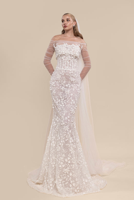 Fitted Mermaid Bridal Gown with Illusion Neckline and Cathedral Train