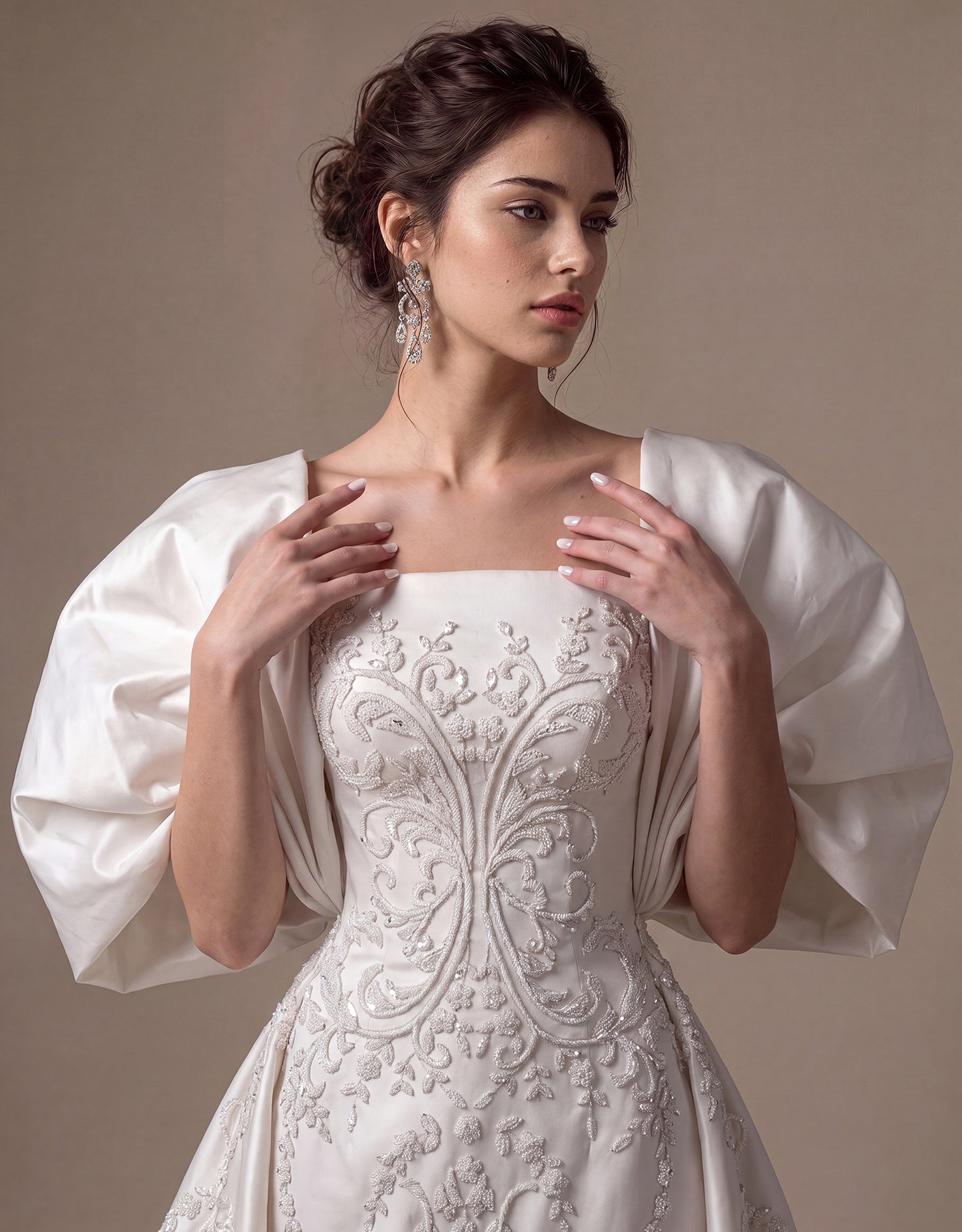 Sculptural Sleeve Embroidered Bridal Gown