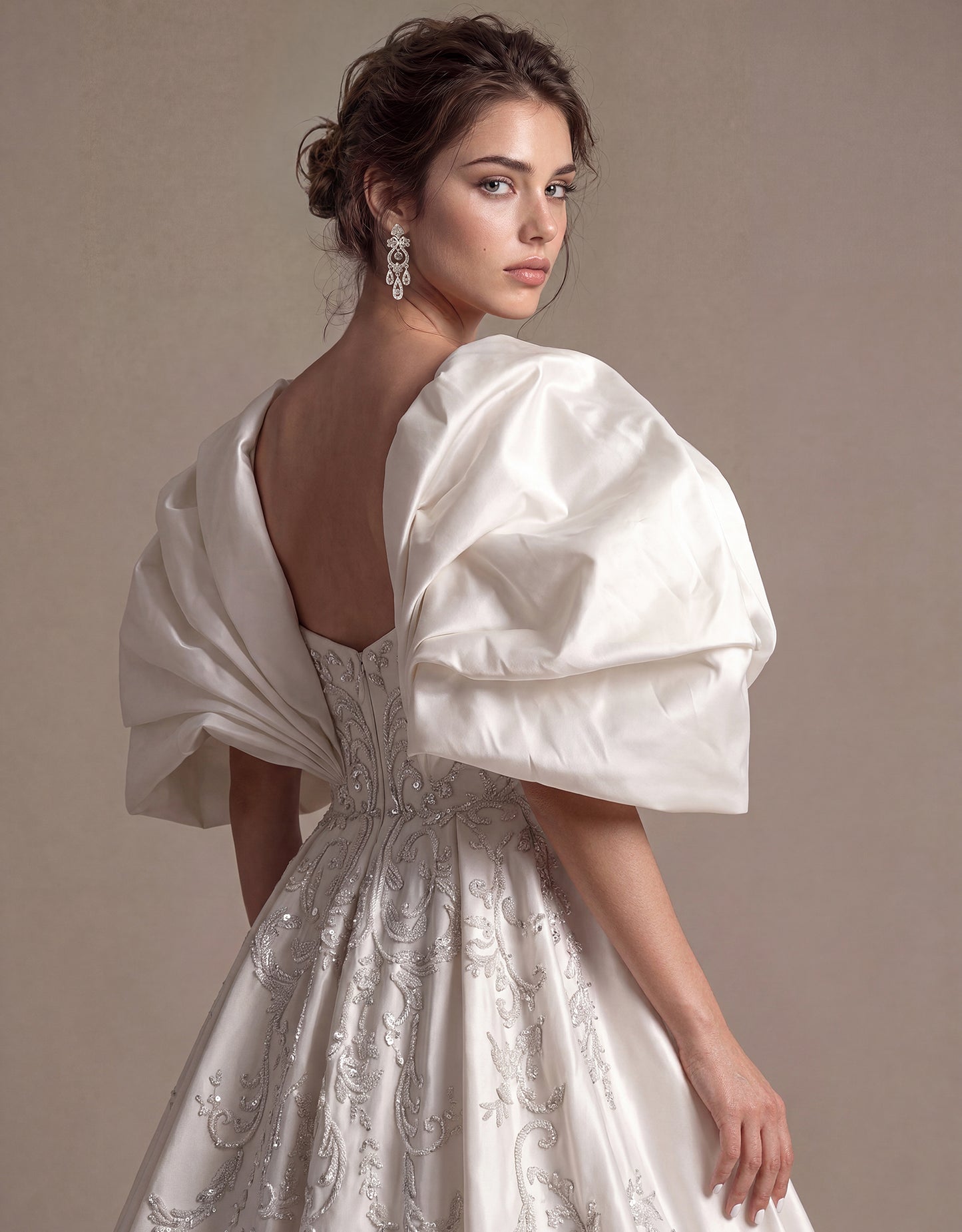 Sculptural Sleeve Embroidered Bridal Gown