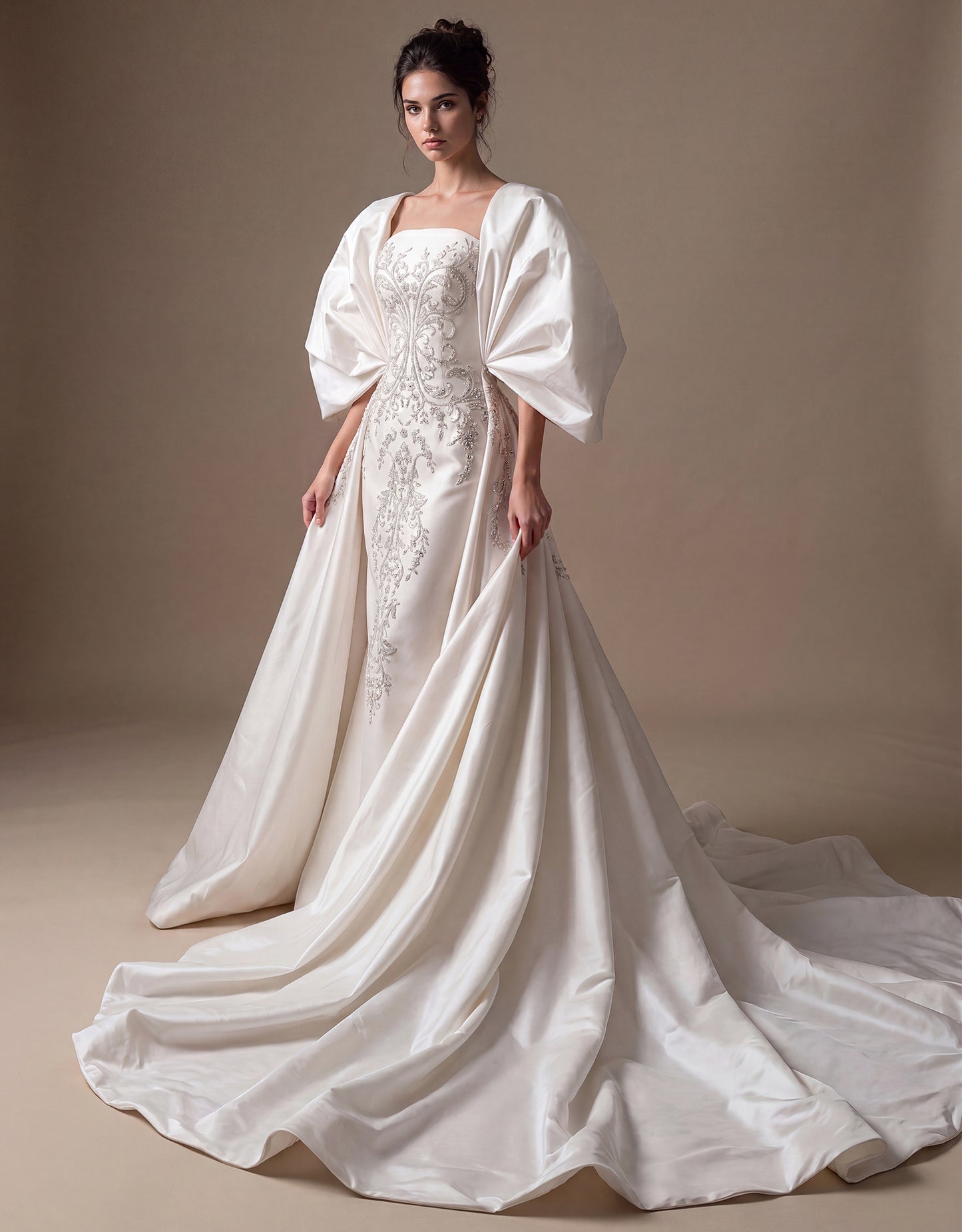 Sculptural Sleeve Embroidered Bridal Gown