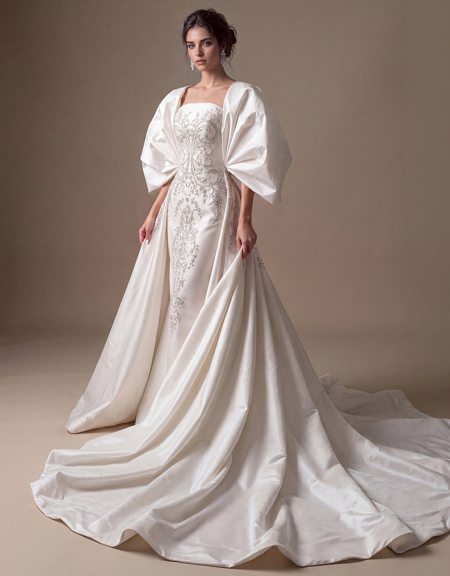 Sculptural Sleeve Embroidered Bridal Gown
