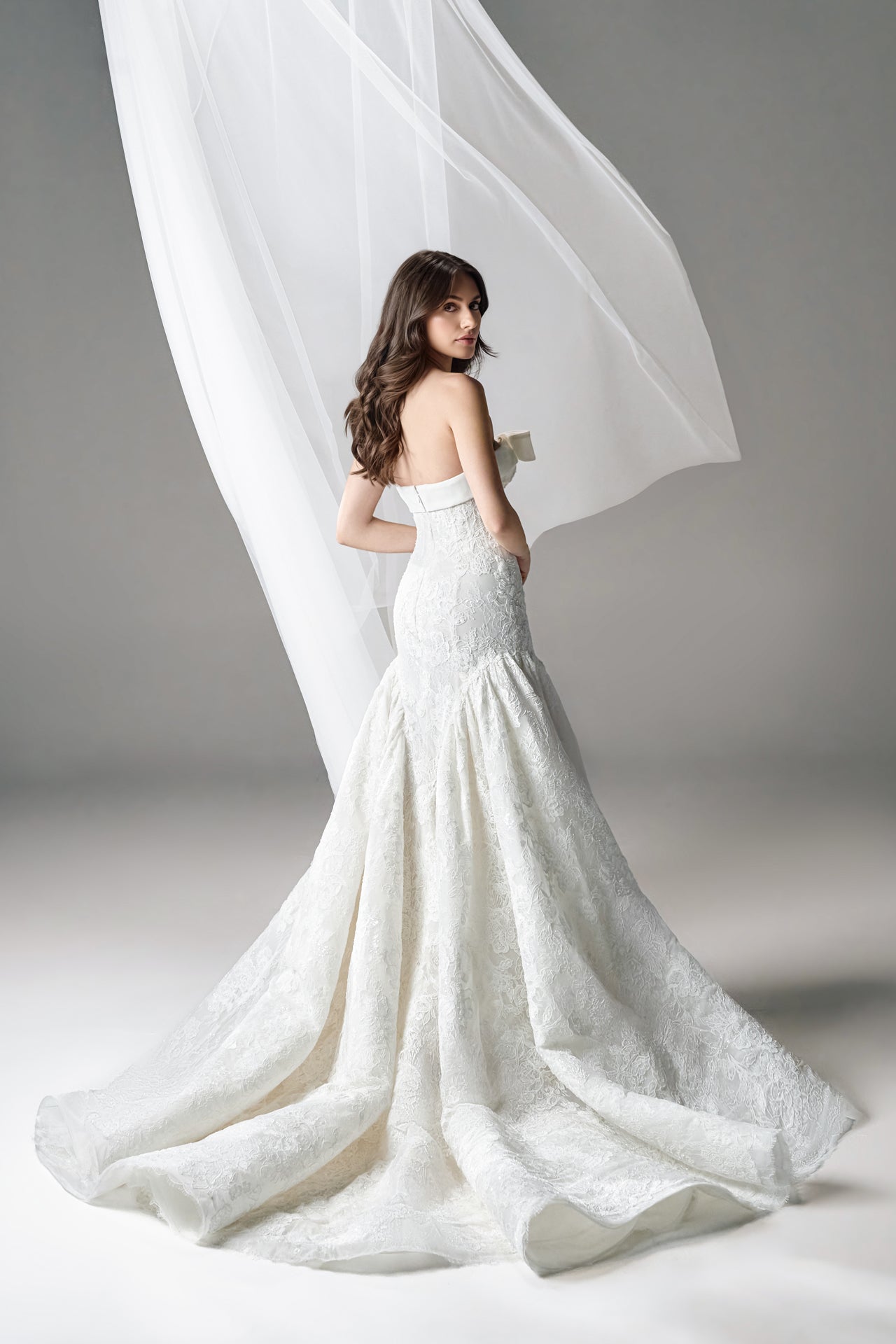 Strapless Lace Gown with Layered Organza Skirt