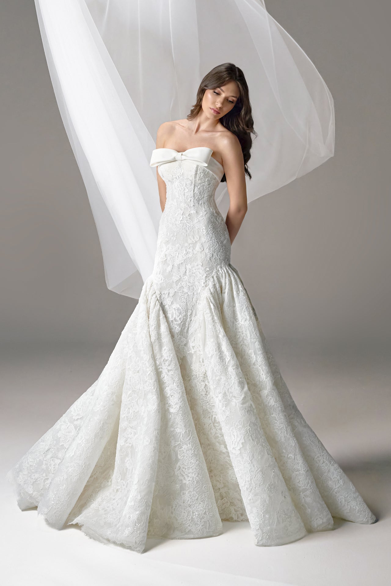 Strapless Lace Gown with Layered Organza Skirt