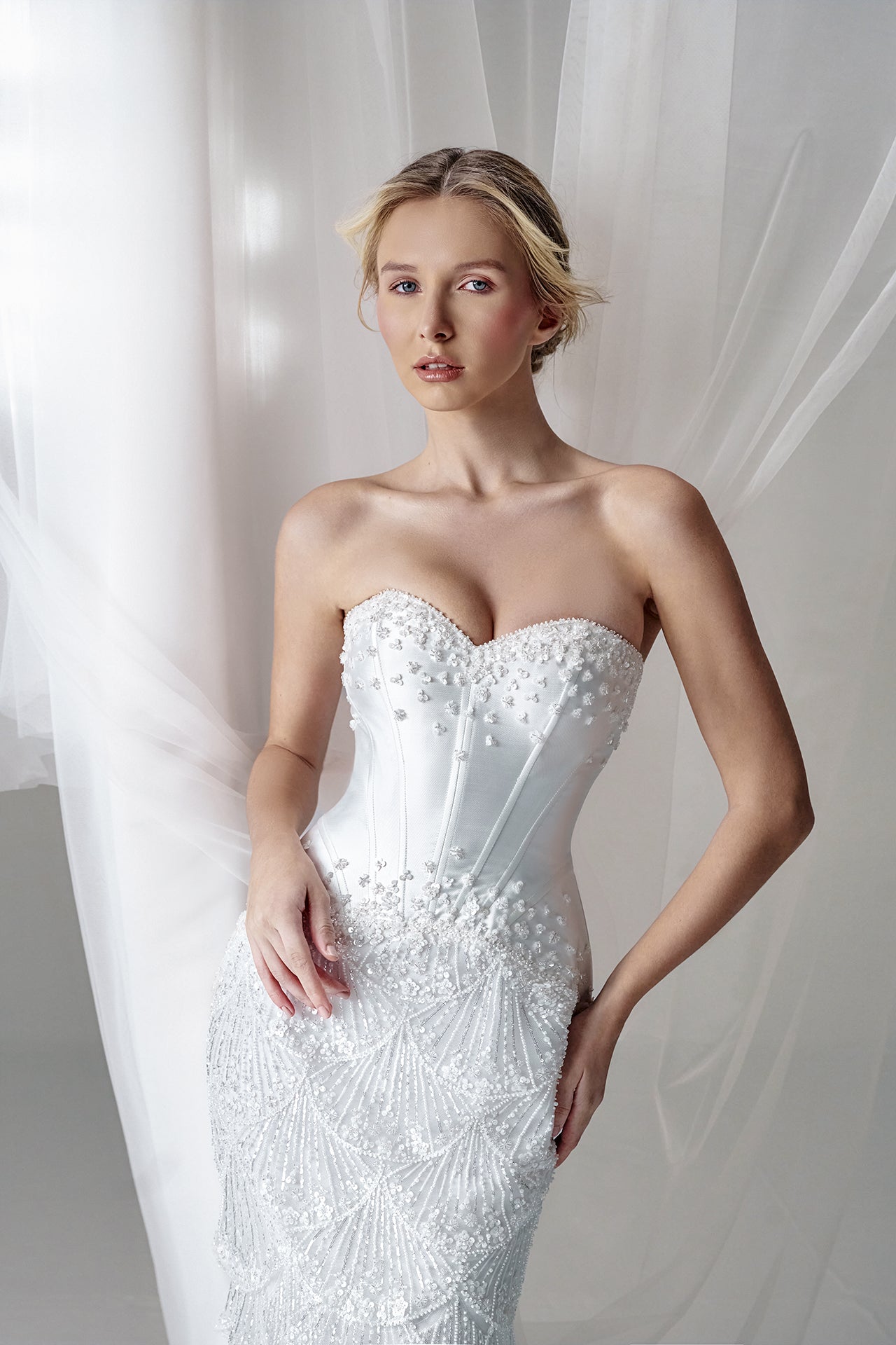 Structured organza corset gown embroidered with pearls