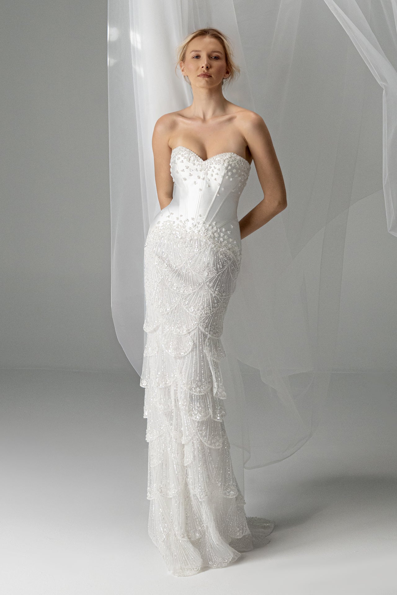 Structured organza corset gown embroidered with pearls