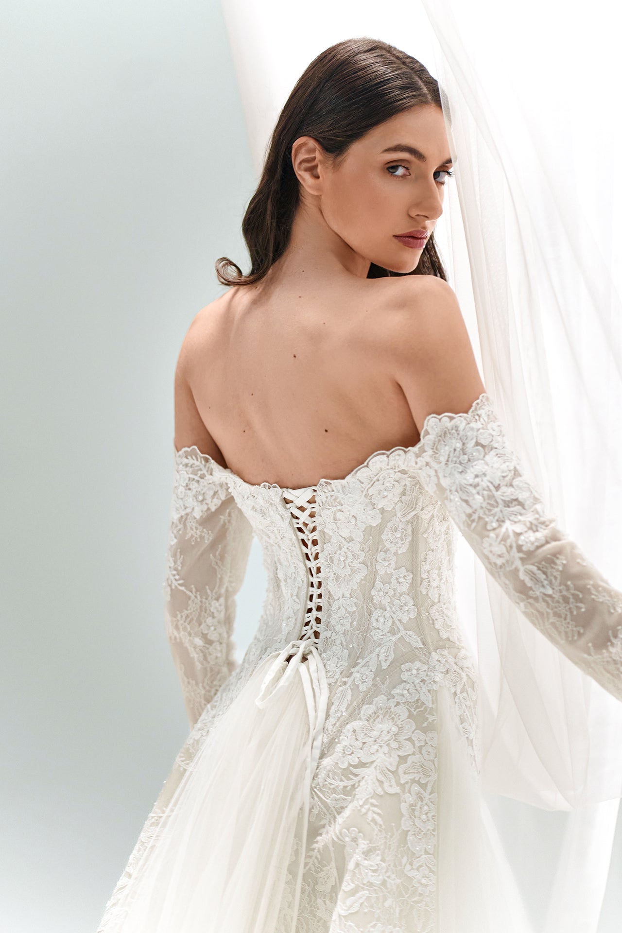 Off-Shoulder Rebrodé Corset Gown