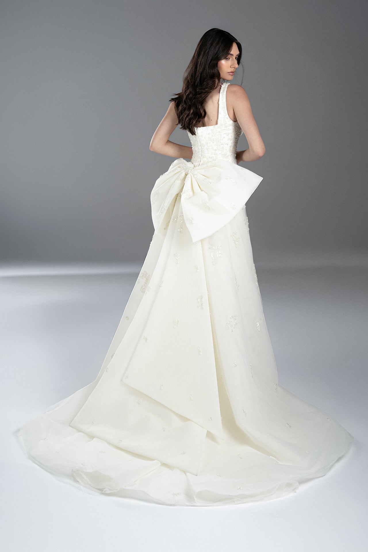 Tulle Brodée Gown with Pearl Embroidery and Bow