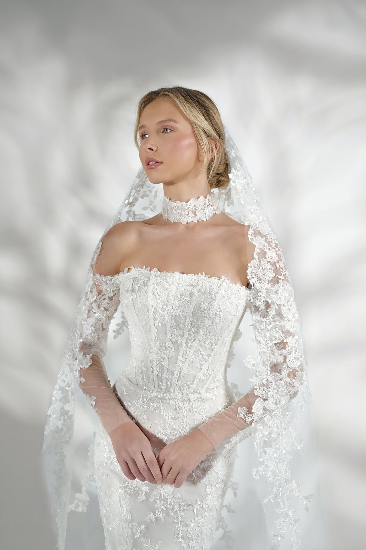 Off-Shoulder Corseted Lace Gown with Floral Embroidery