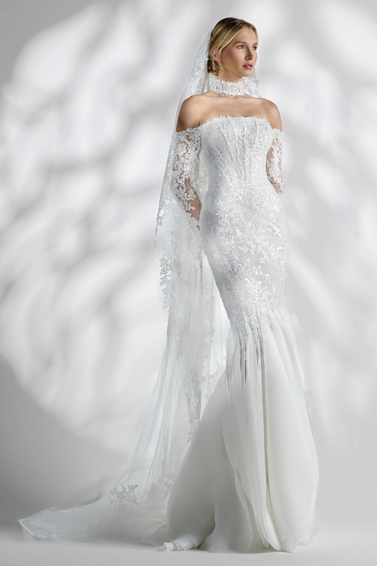 Off-Shoulder Corseted Lace Gown with Floral Embroidery