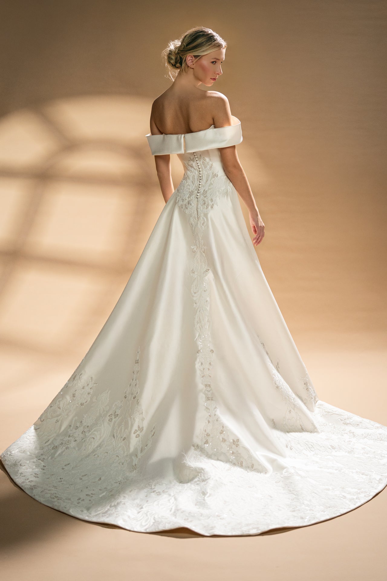 Off-Shoulder Mikado Gown with Symmetrical Brodé Motif