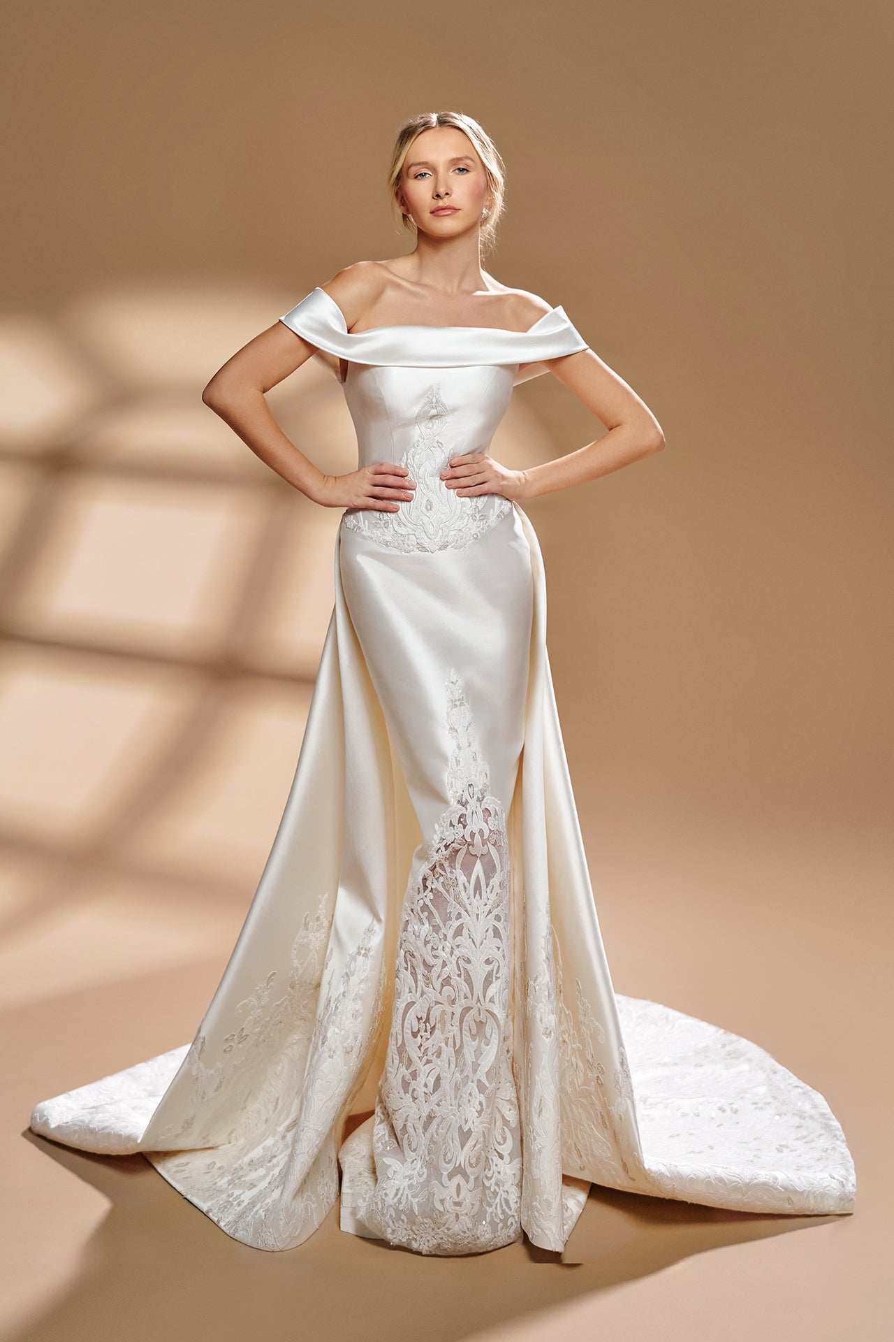 Off-Shoulder Mikado Gown with Symmetrical Brodé Motif