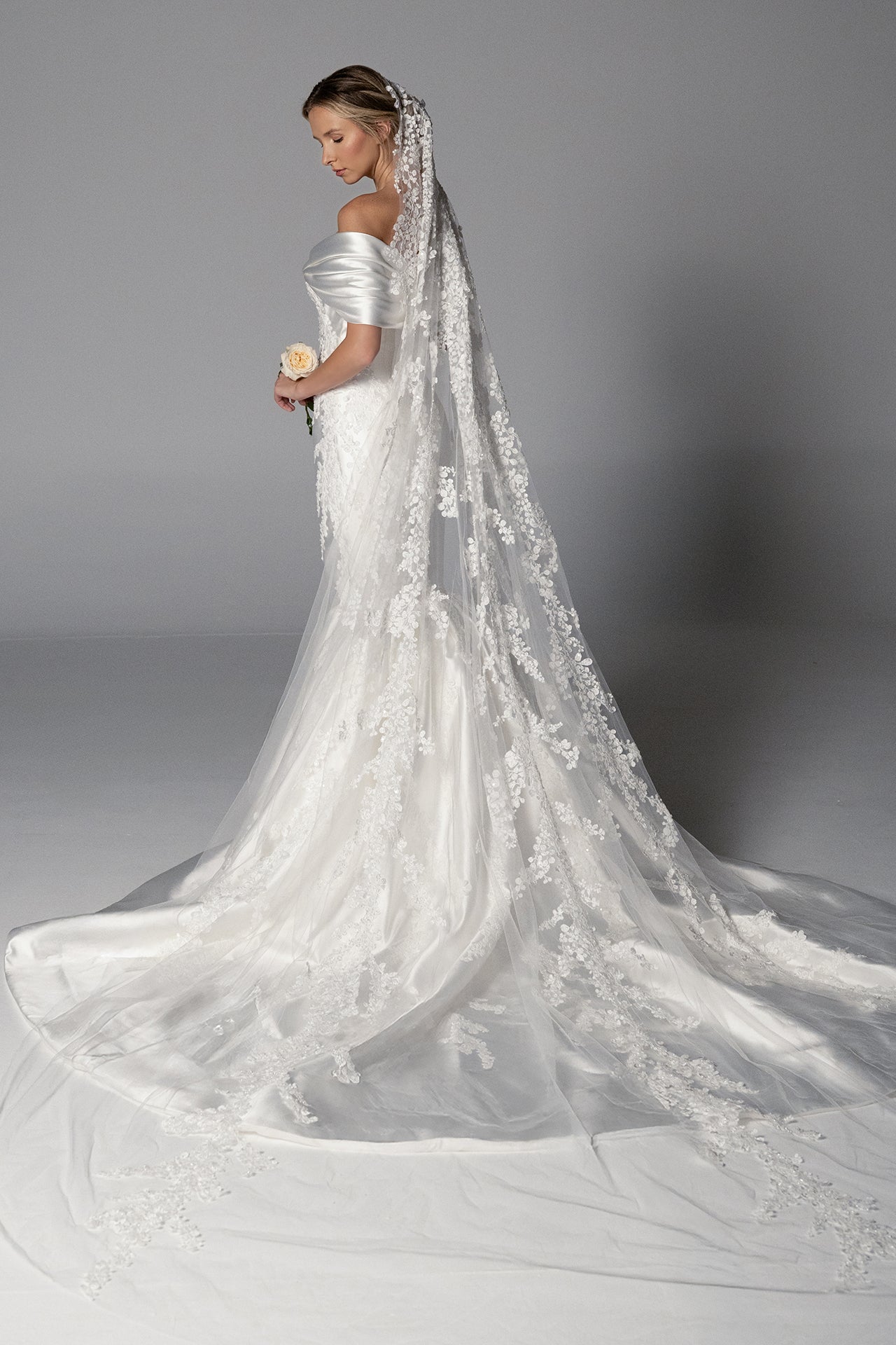 Mikado Gown with Draped Bodice and Broderie Motif