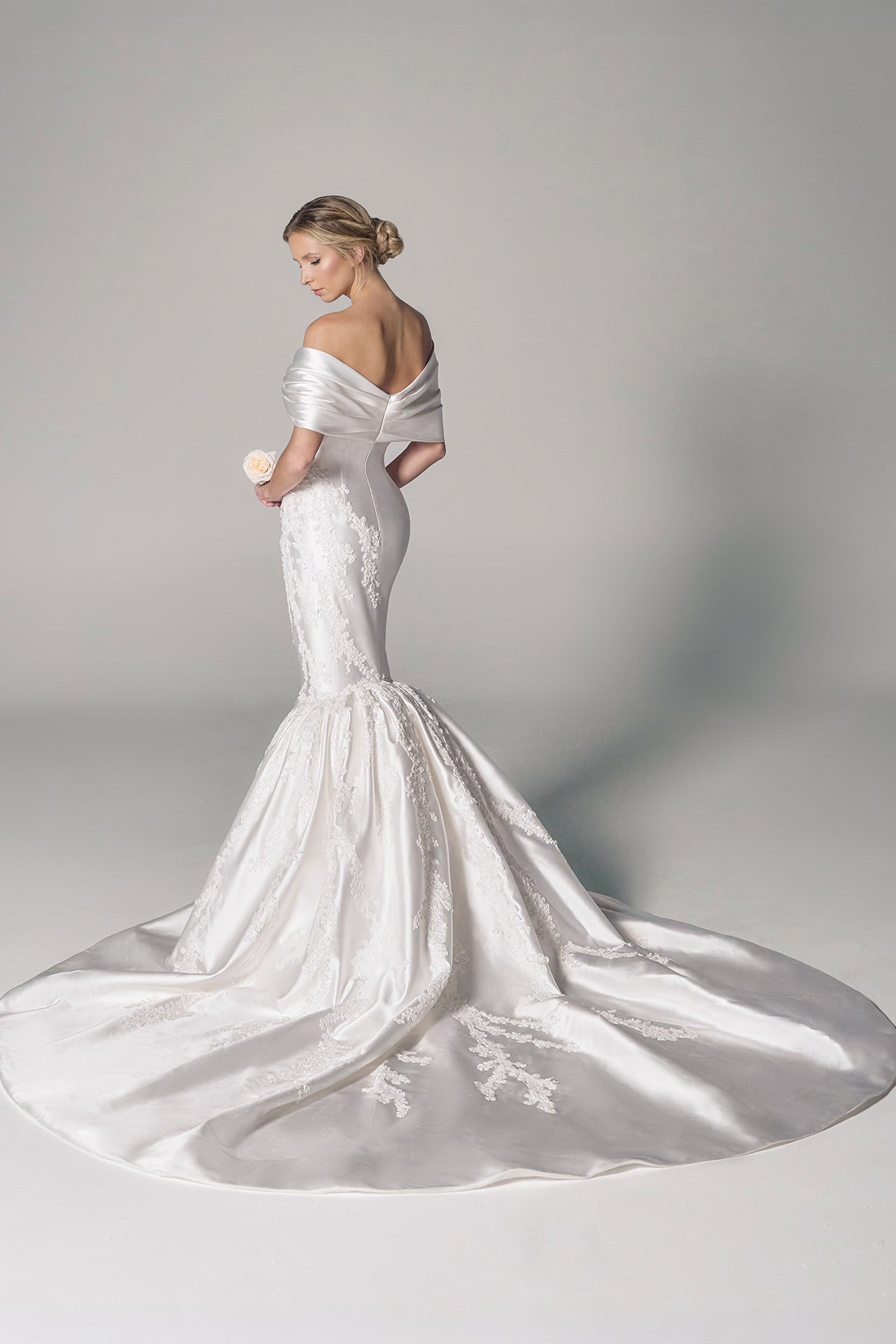 Mikado Gown with Draped Bodice and Broderie Motif