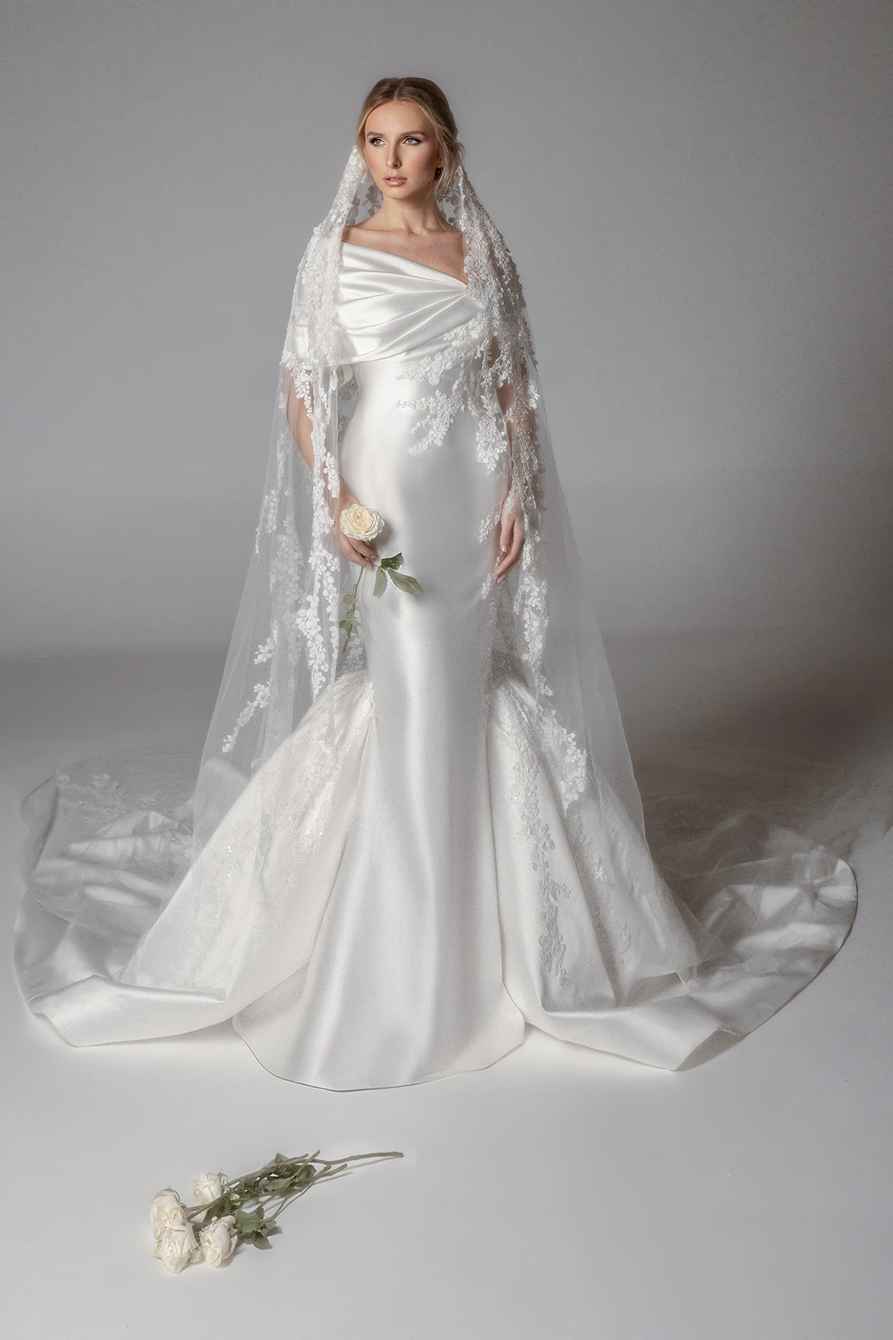Mikado Gown with Draped Bodice and Broderie Motif