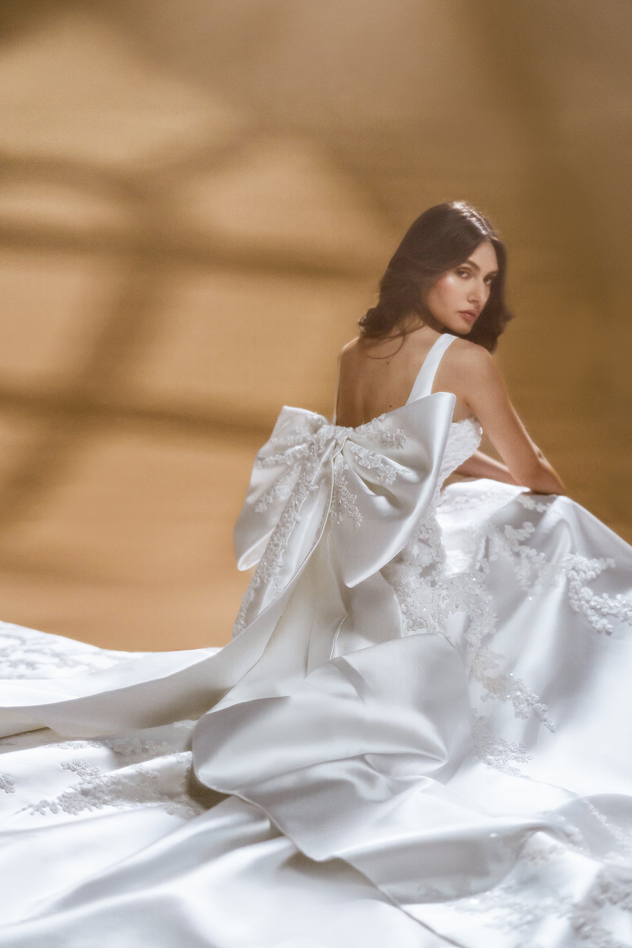 Mikado Gown with Embroidered Motif and Sculptural Bow