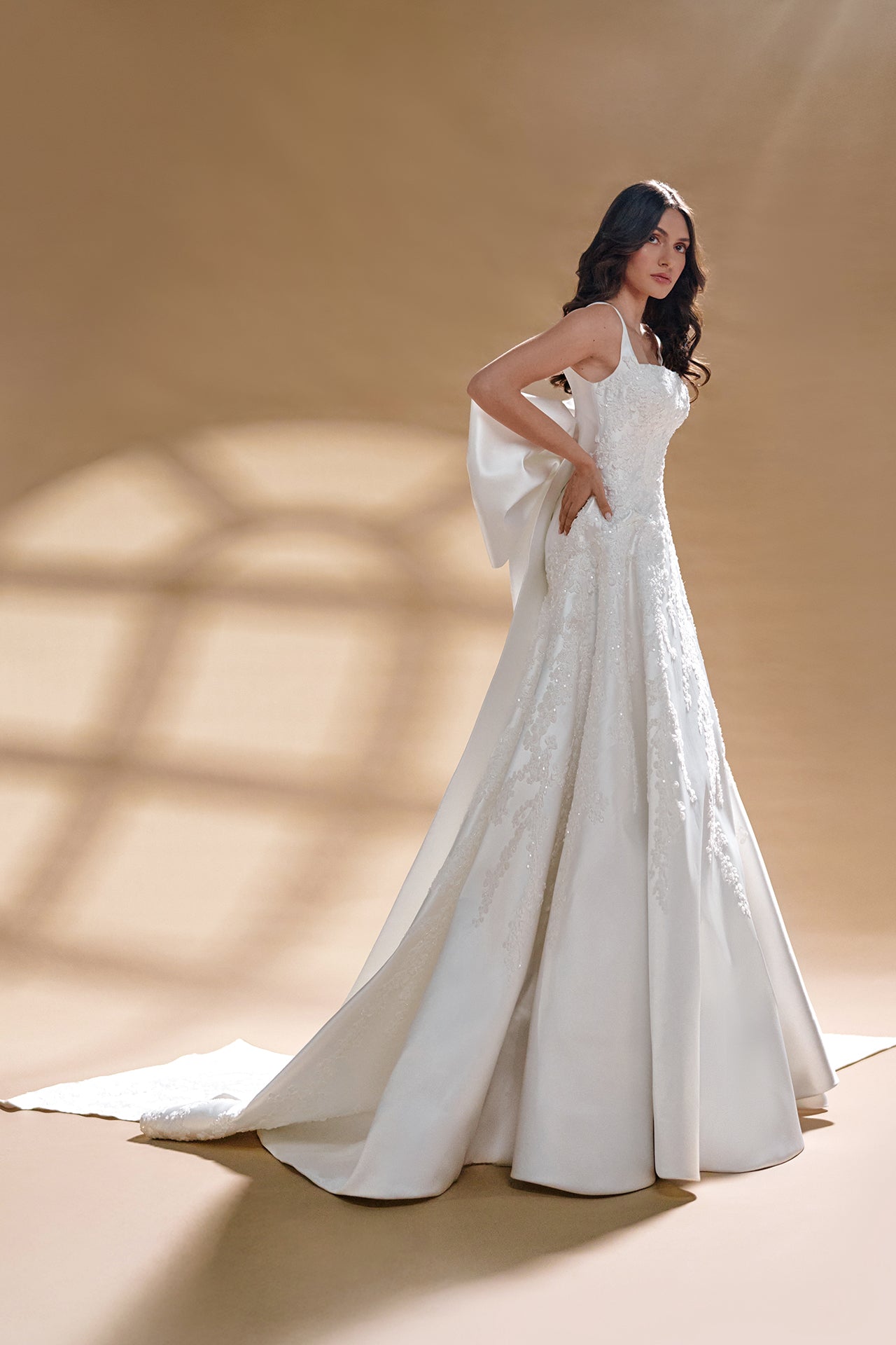 Mikado Gown with Embroidered Motif and Sculptural Bow