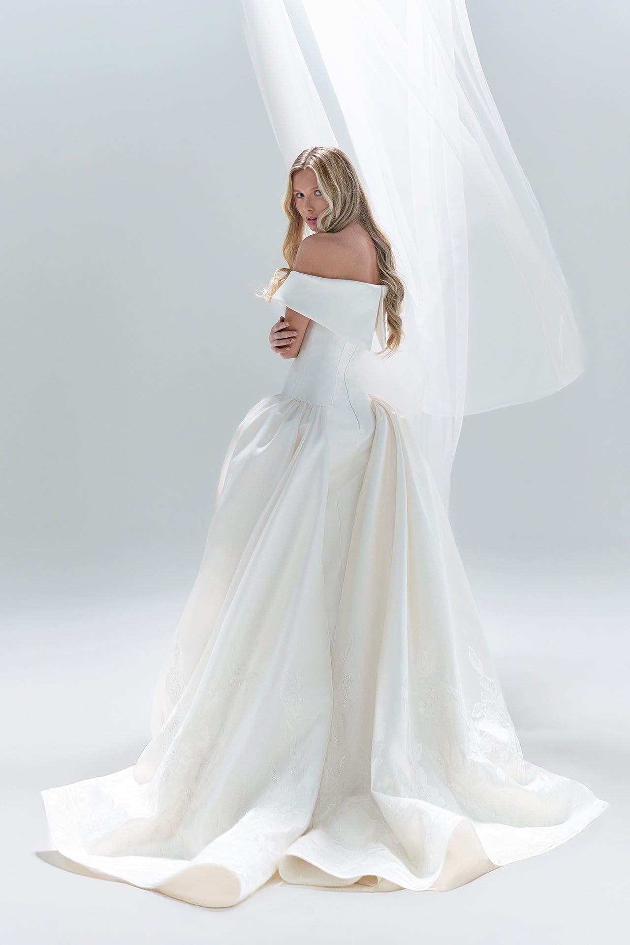 Mikado Motif Off-Shoulder Gown