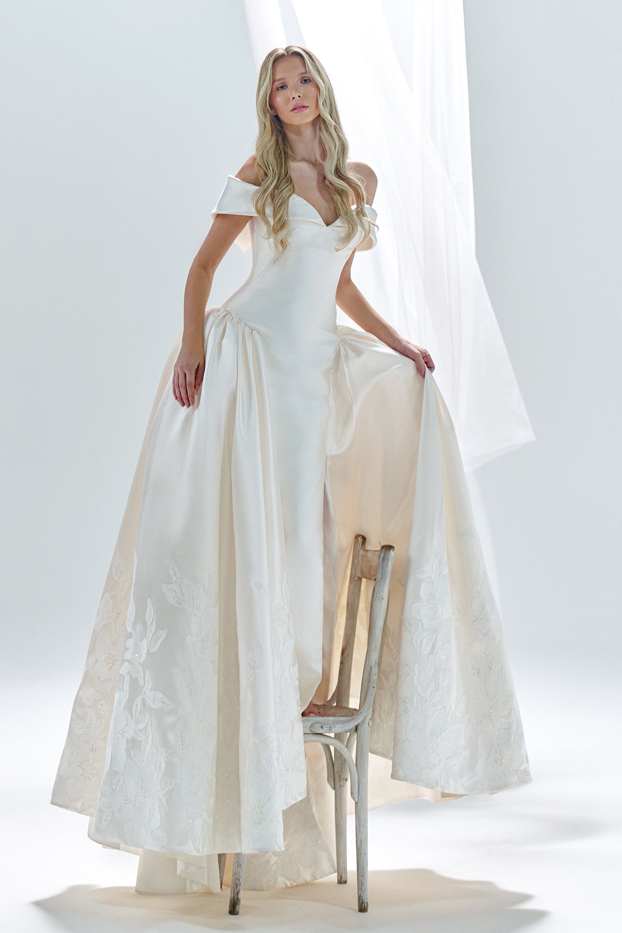 Mikado Motif Off-Shoulder Gown