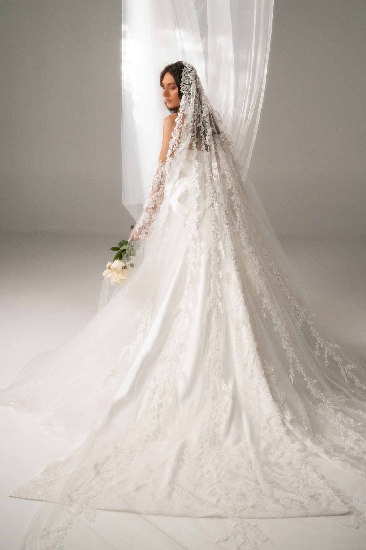 Strapless Bow Gown with Lace Veil