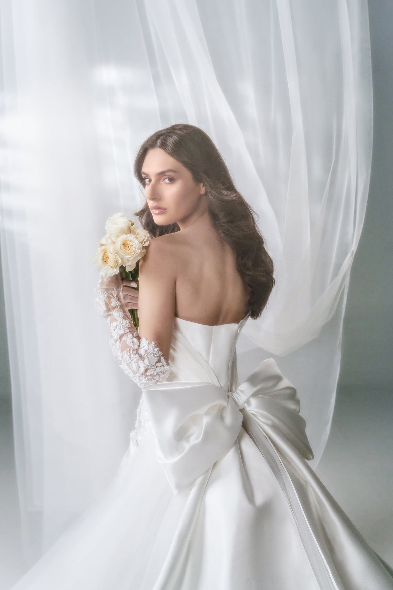 Strapless Bow Gown with Lace Veil