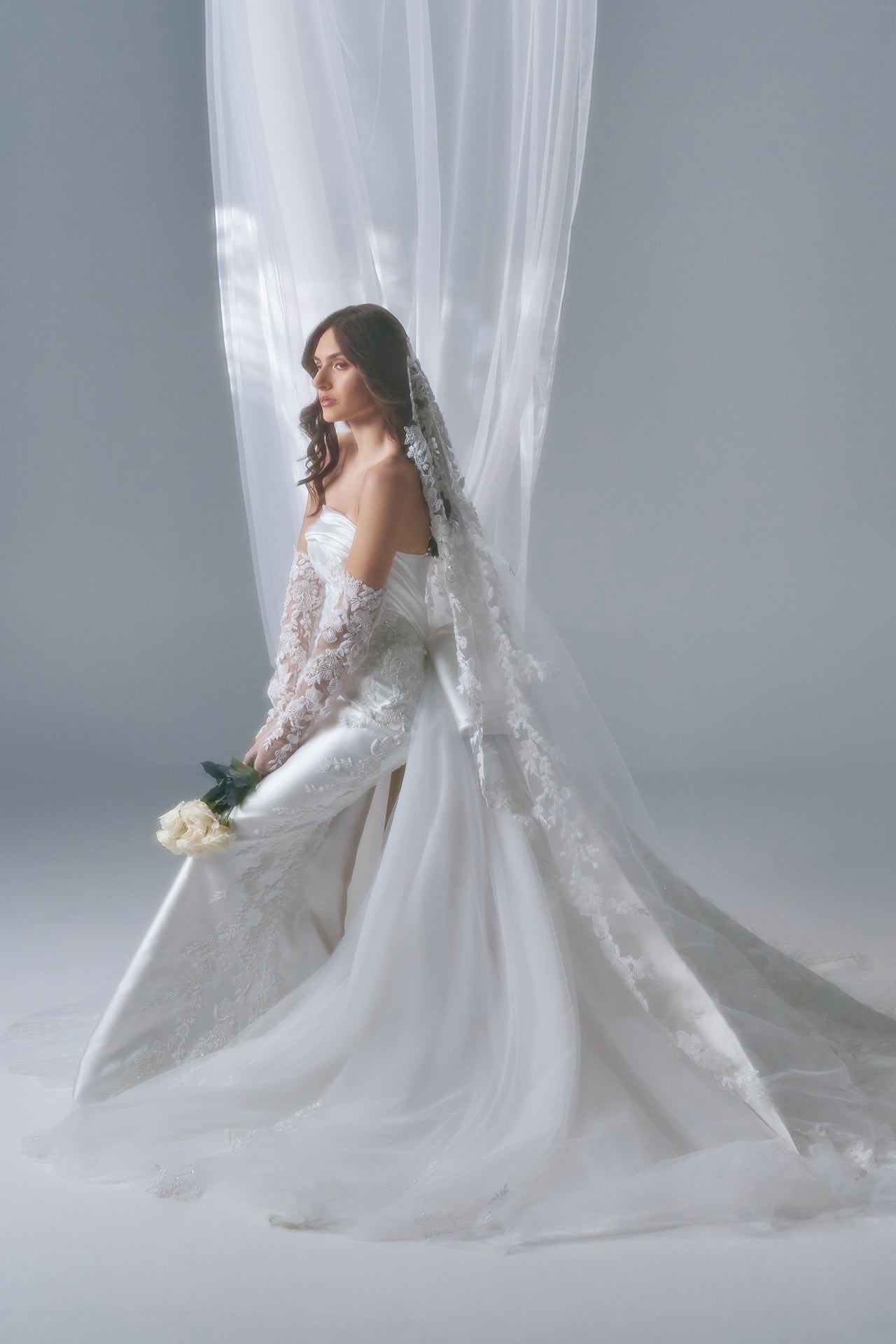 Strapless Bow Gown with Lace Veil