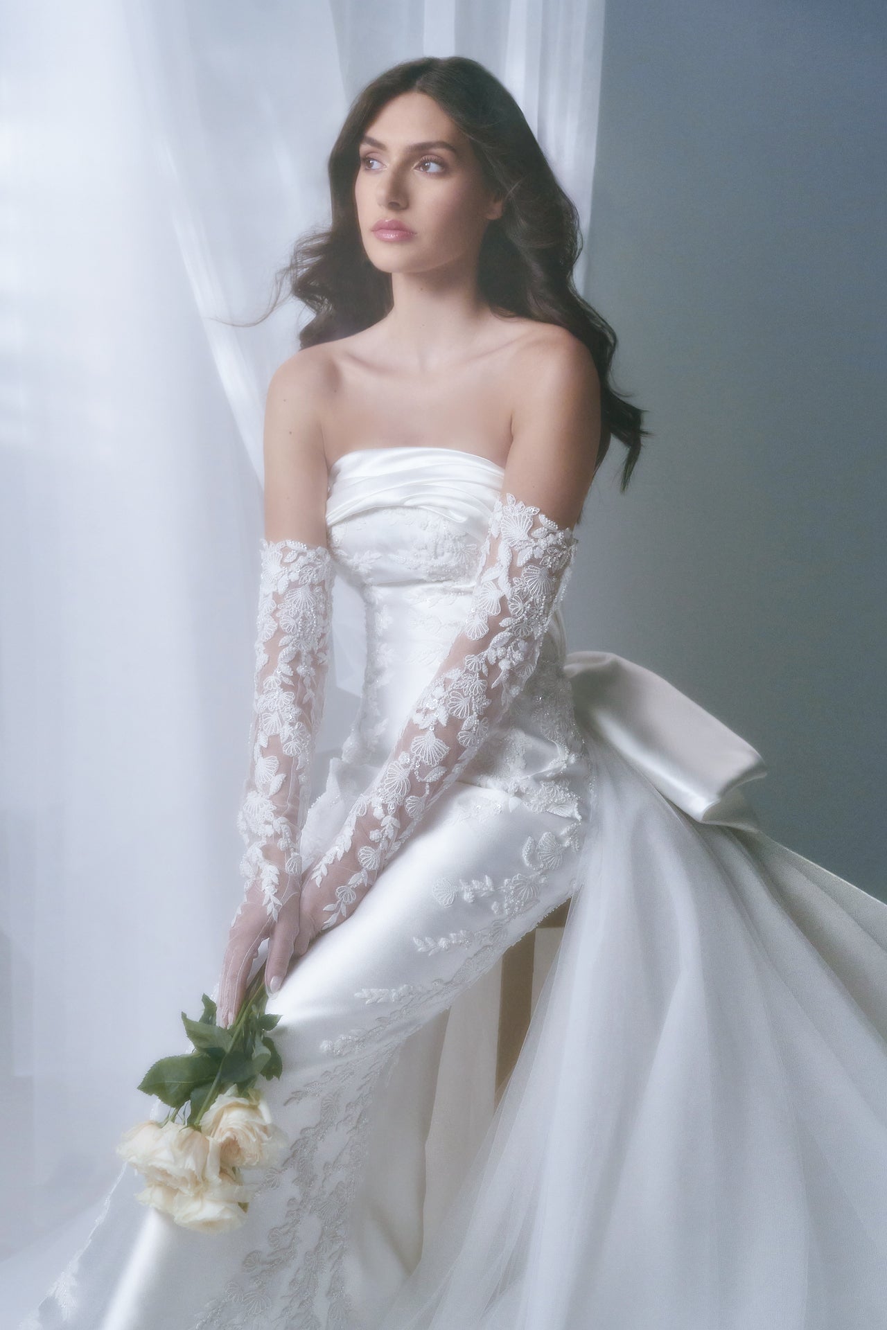 Strapless Bow Gown with Lace Veil