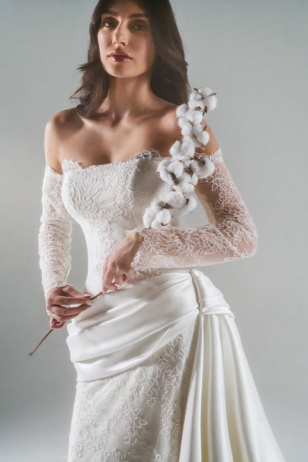 Rebrodé Lace Gown with Draped Satin Duche