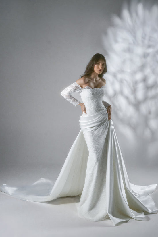 Rebrod Lace Gown with Draped Satin Duche Gattinolli by Marwan Rebrod Lace Gown with Draped Satin Duche Gattinolli by Marwan