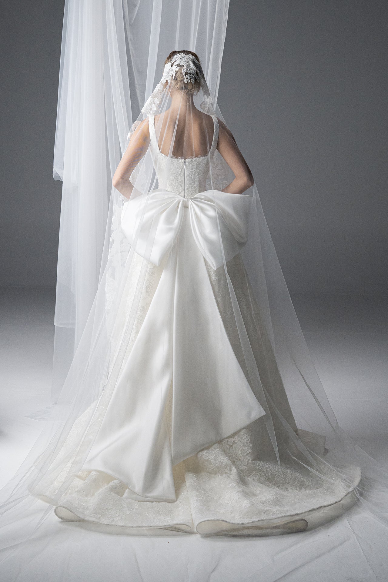 Rebrodé Lace Gown with Satin Bow Detail