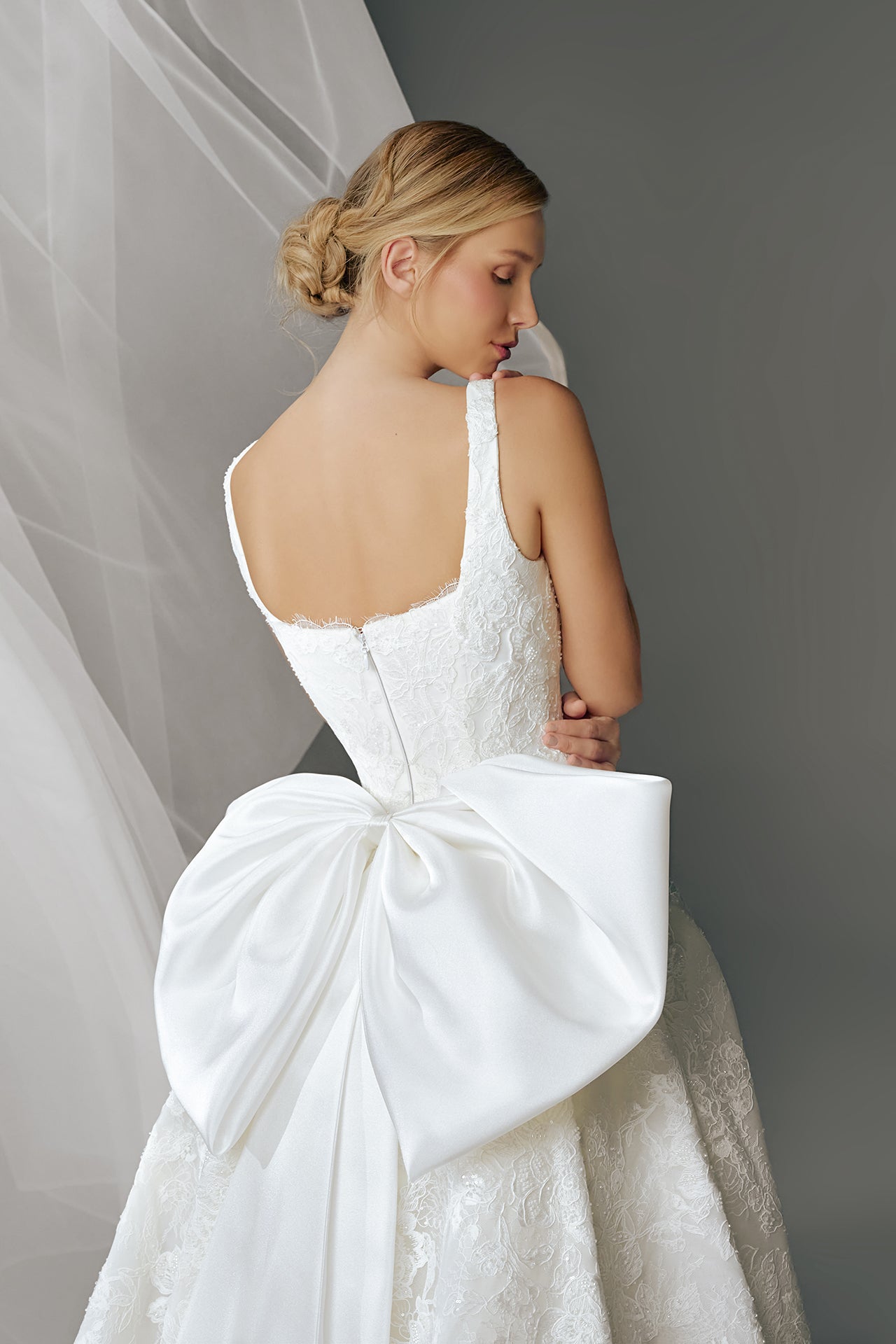 Rebrodé Lace Gown with Satin Bow Detail