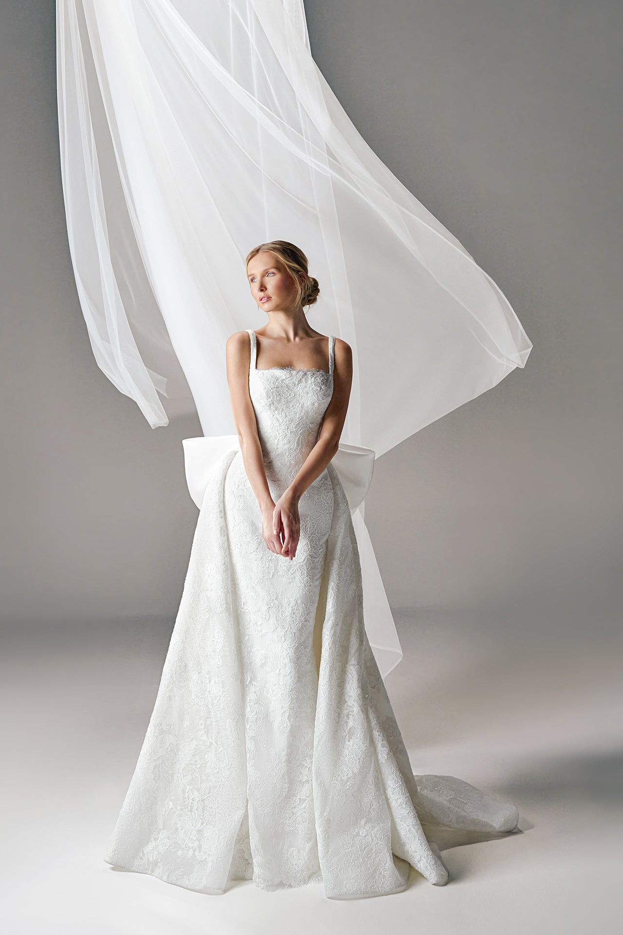 Rebrodé Lace Gown with Satin Bow Detail