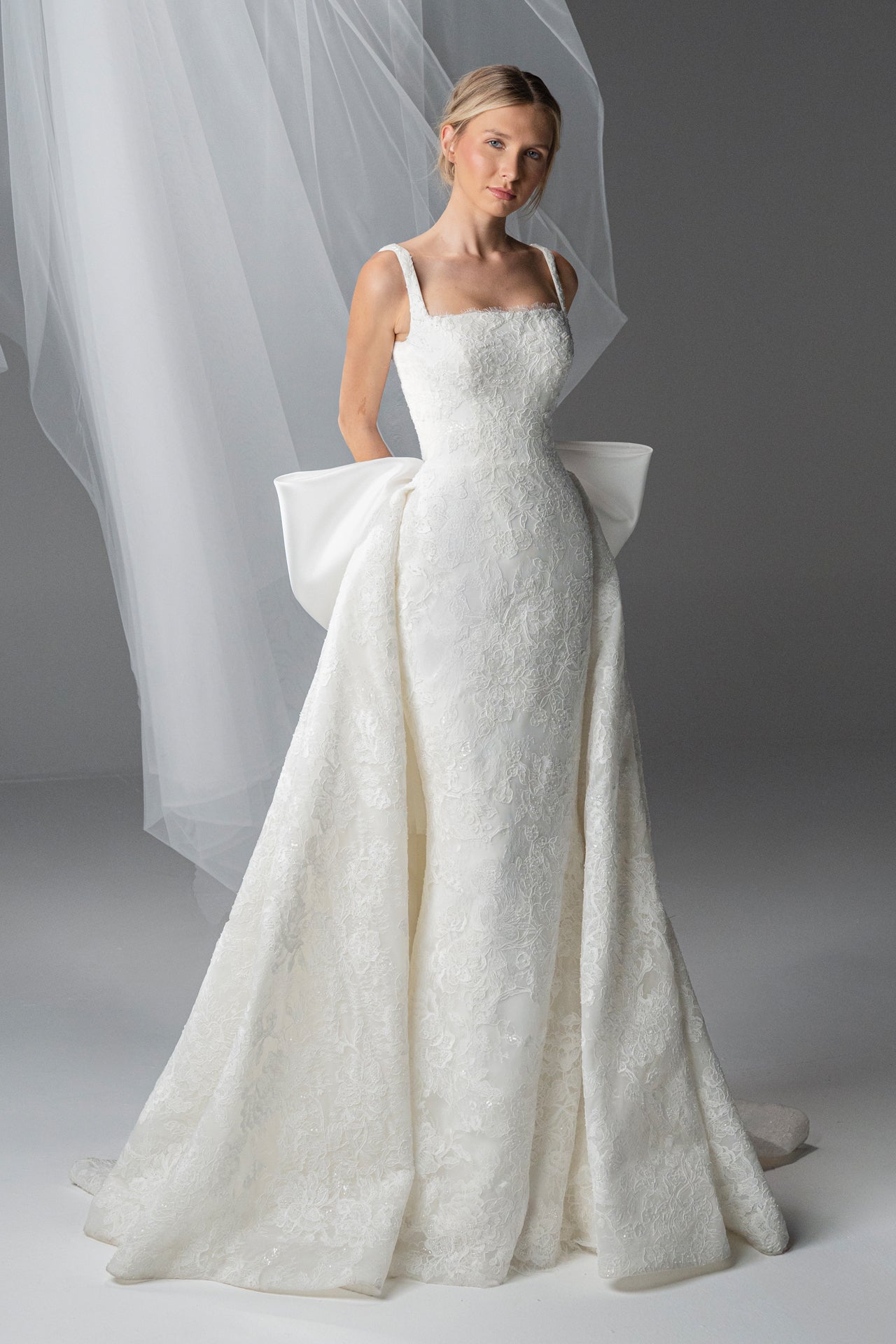 Rebrodé Lace Gown with Satin Bow Detail