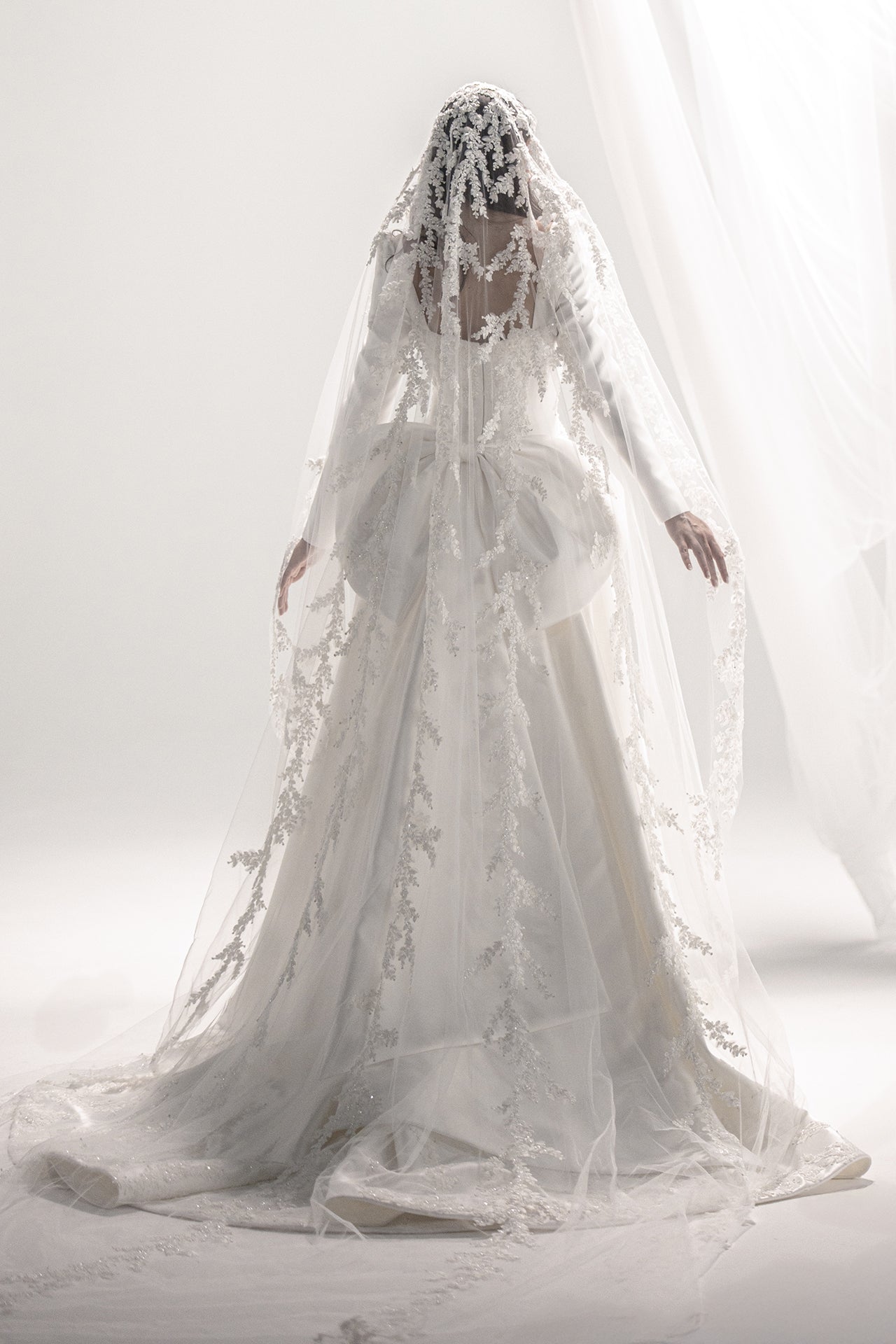 Mikado Gown with Lace Appliqué and Embroidered Veil