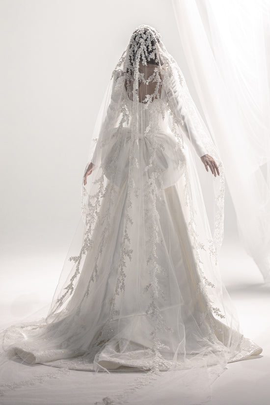 Mikado Gown with Lace Appliqu and Embroidered Veil Gattinolli by Marwan Mikado Gown with Lace Appliqu and Embroidered Veil Gattinolli by Marwan