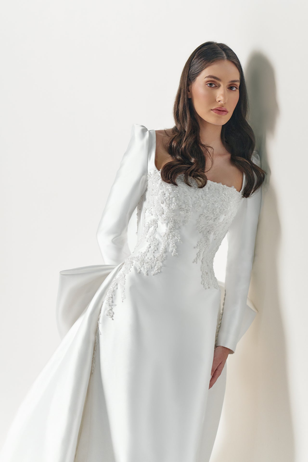 Mikado Gown with Lace Appliqué and Embroidered Veil
