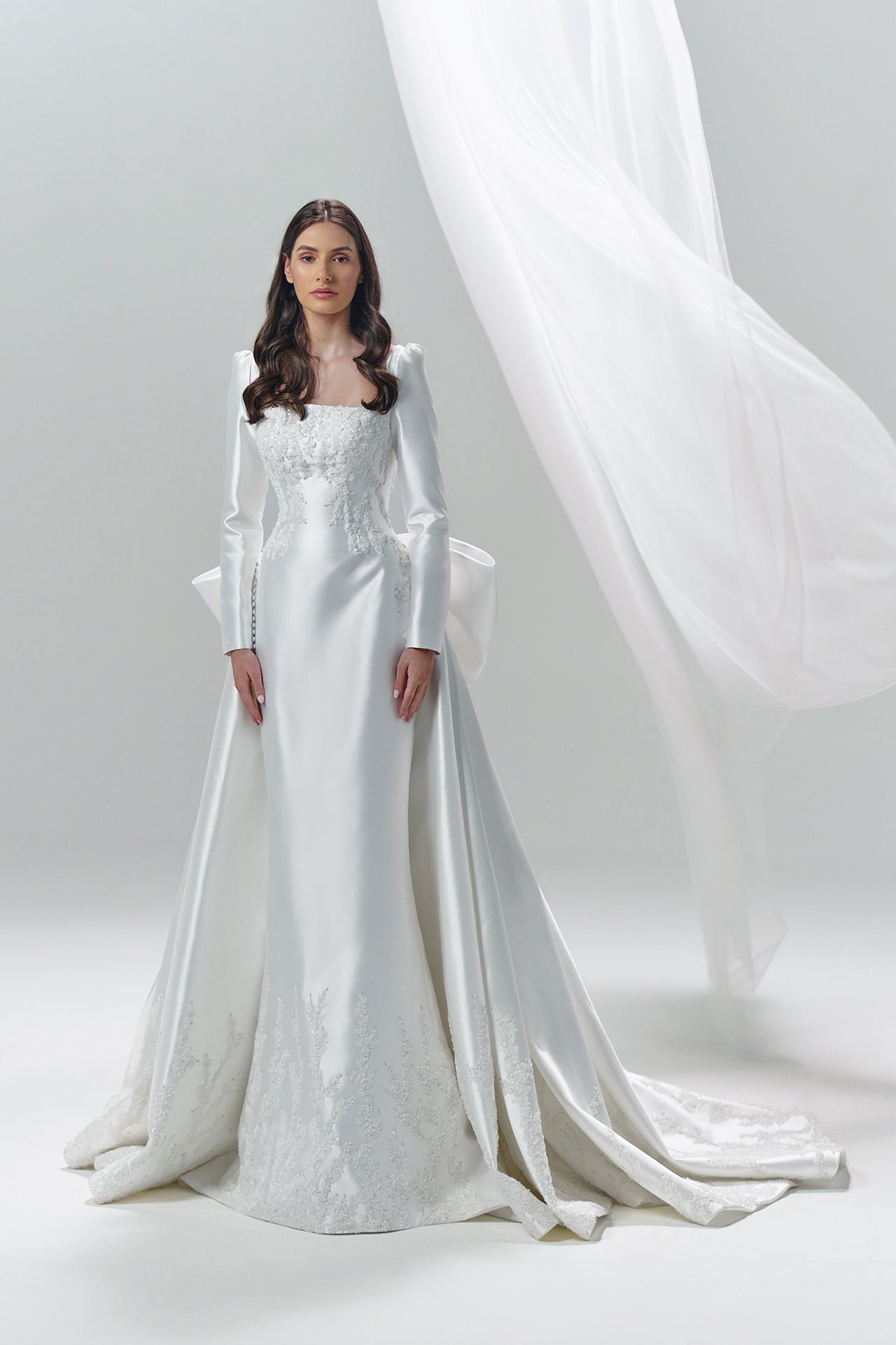 Mikado Gown with Lace Appliqué and Embroidered Veil
