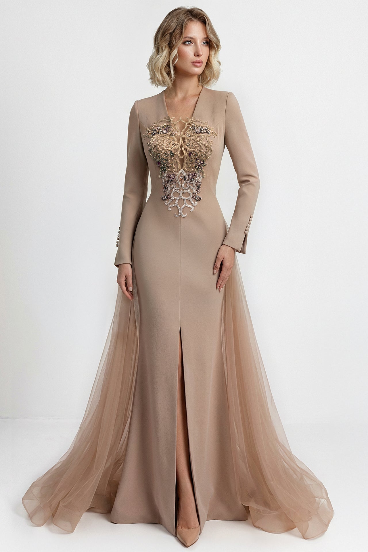 Embroidered Crepe Gown with Tulle Train