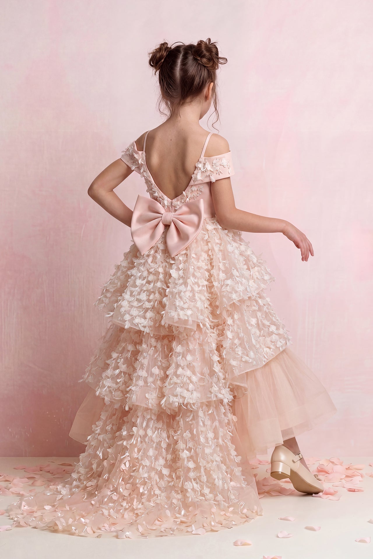 Petal Appliqué High-Low Tulle Gown