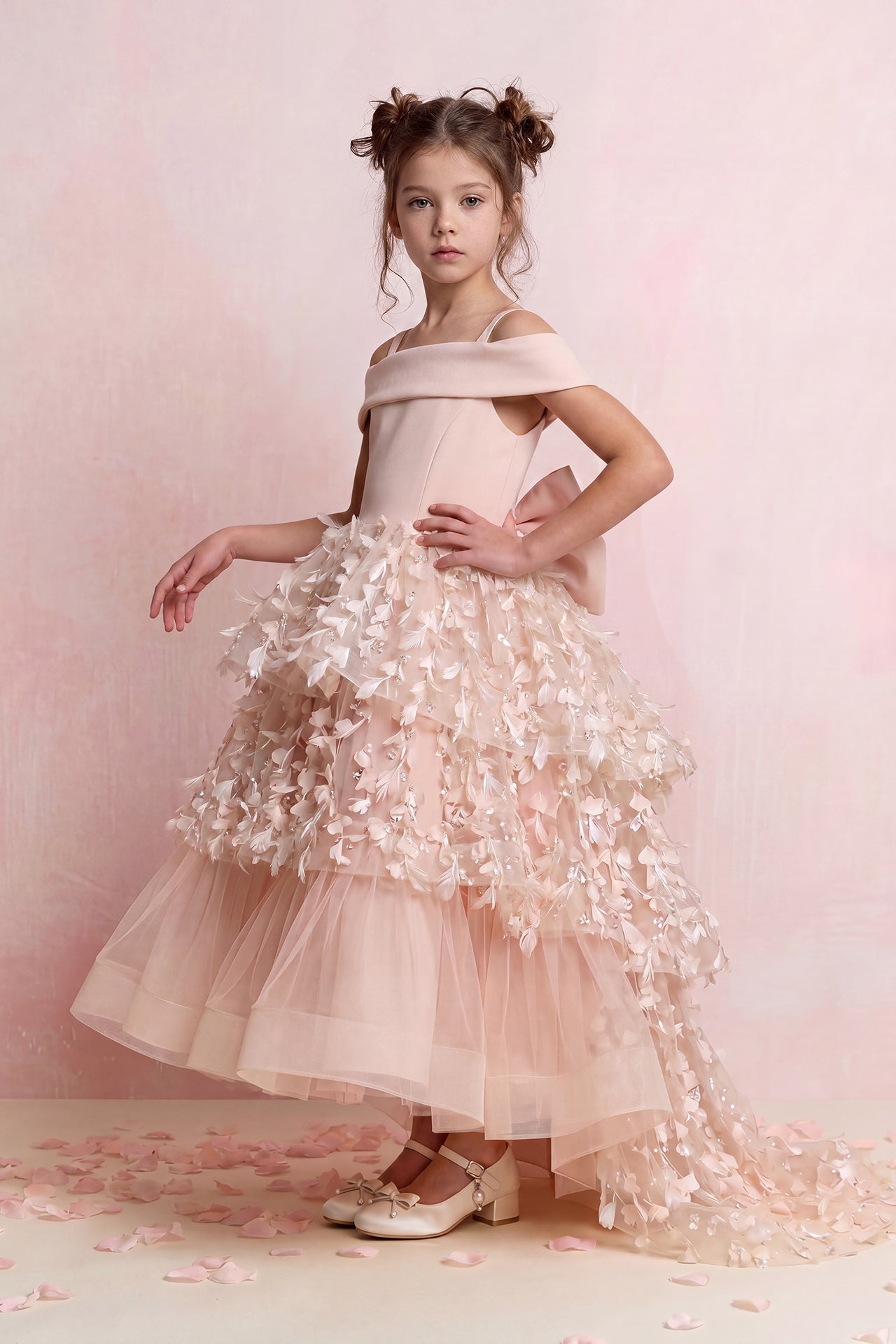Petal Appliqué High-Low Tulle Gown
